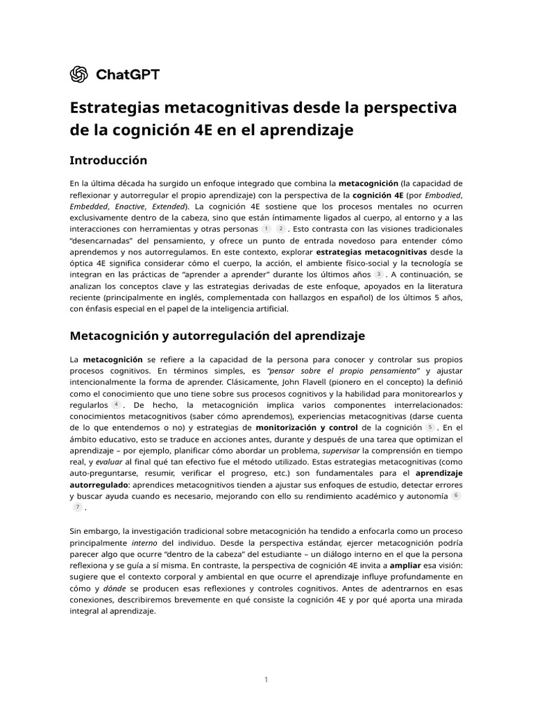 Estrategias Metacognitivas Desde La Perspectiva de La Cognición 4E en ...