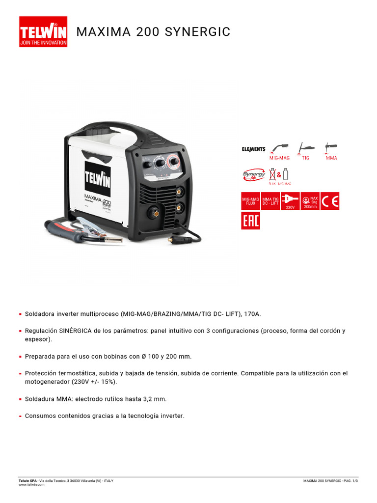 Soldadora Telwin Maxima 200 Synergic | PDF | Soldadura | Construcción