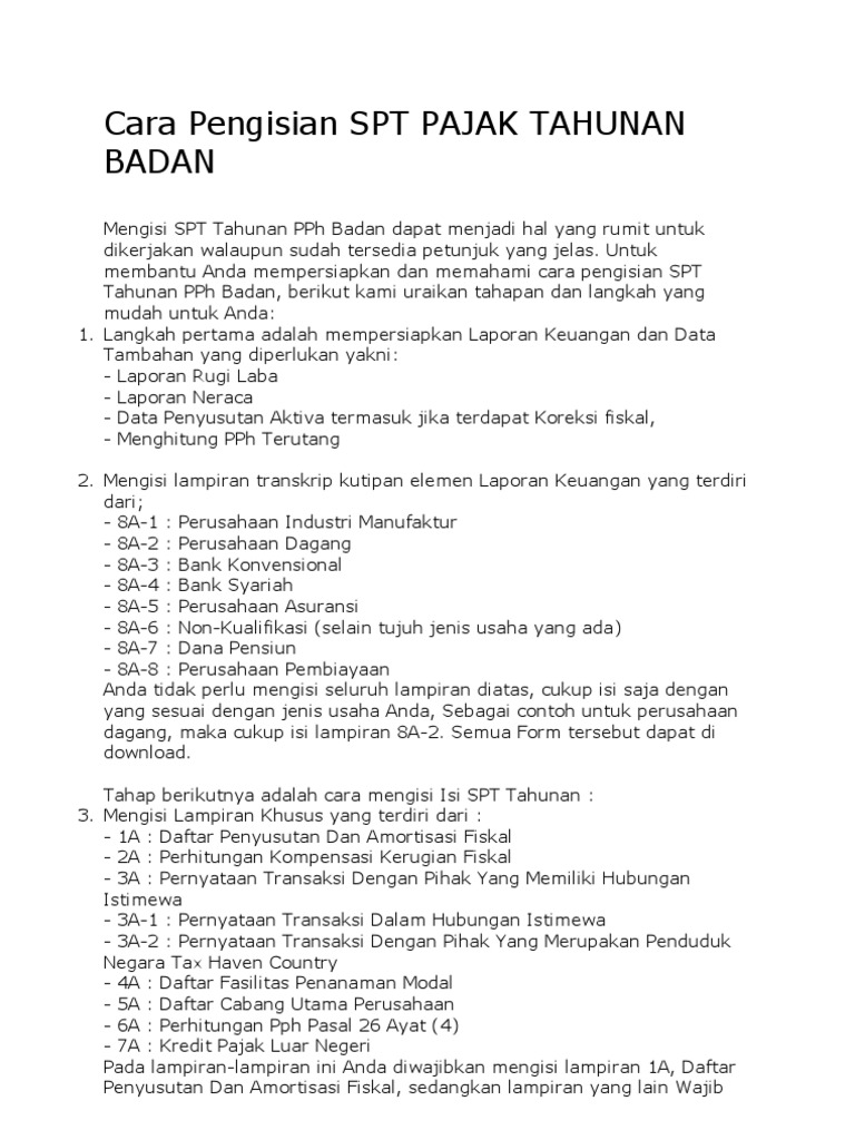 Cara Pengisian Spt Pajak Tahunan Badan