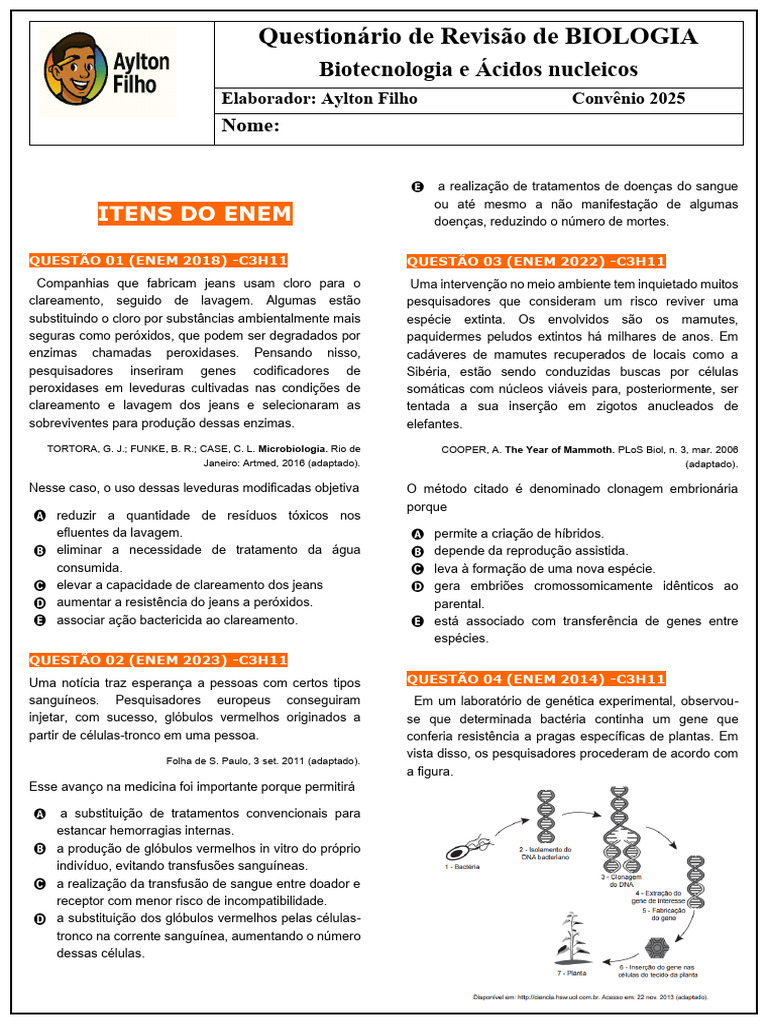Questões de Biotecnologia no ENEM | PDF | DNA | DNA recombinante