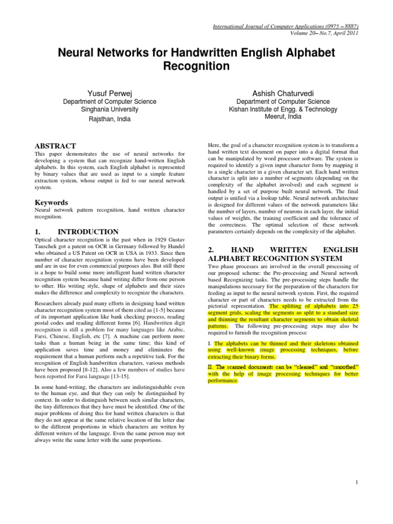 Neural Networks for Handwritten Alphabet Recognition | PDF | Teaching ...