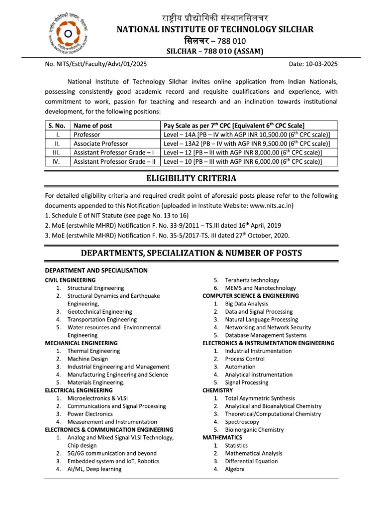 NIT Silchar Faculty Recruitment 2025 | PDF