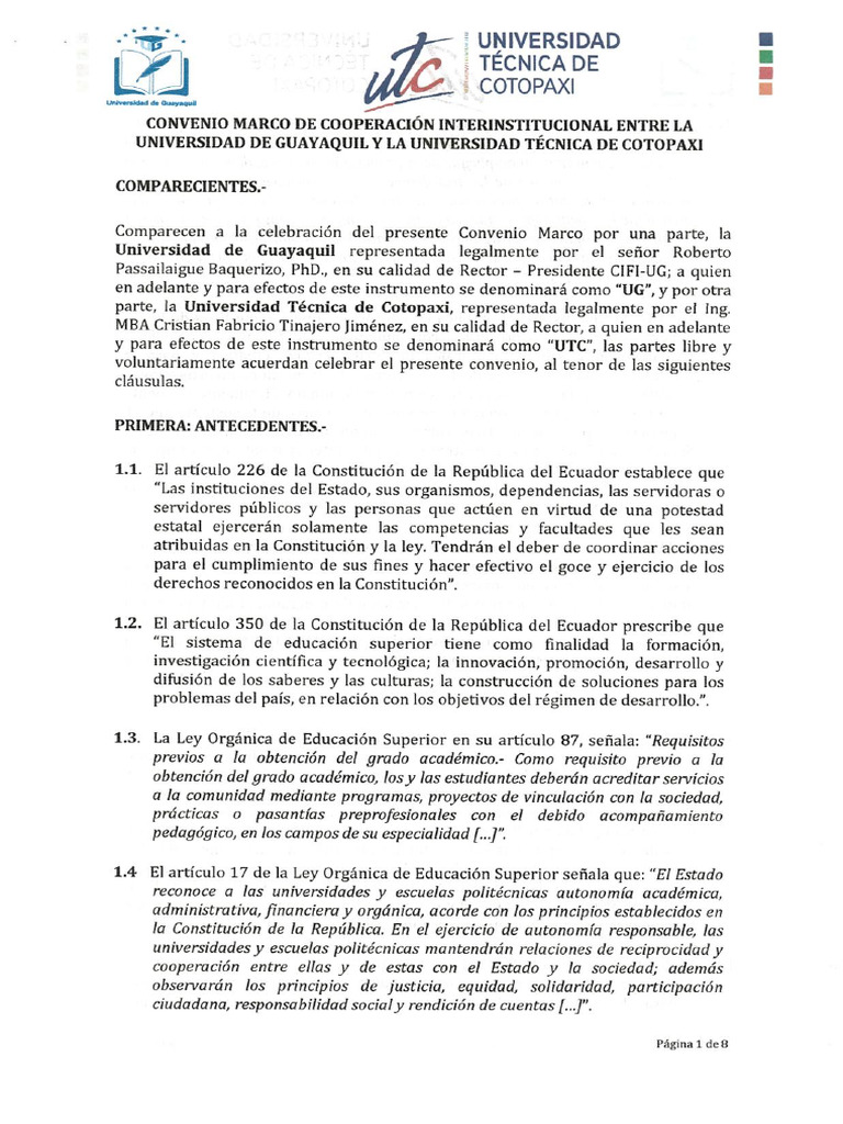 Convenio Marco de Cooperacion Interinst Entre La Ug y La Universidad ...