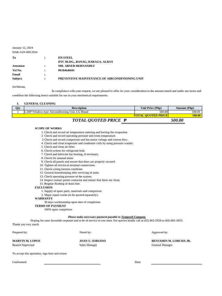 Air Conditioning Maintenance Quotation | PDF | Air Conditioning ...