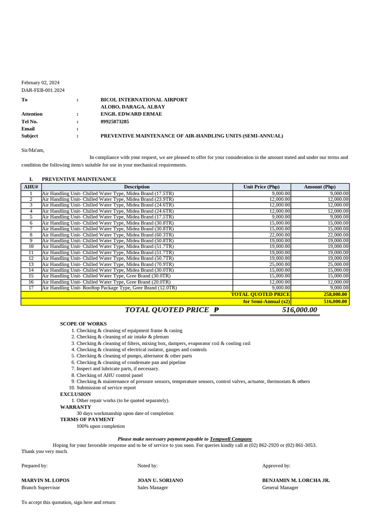 Semi-Annual AHU Maintenance Quotation | PDF | Mechanical Engineering ...