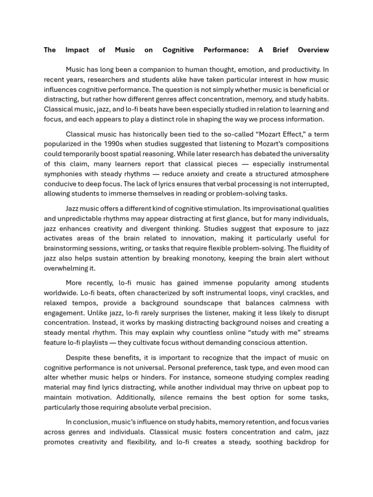 The Impact of Music On Cognitive Performance | PDF | Jazz | Cognition