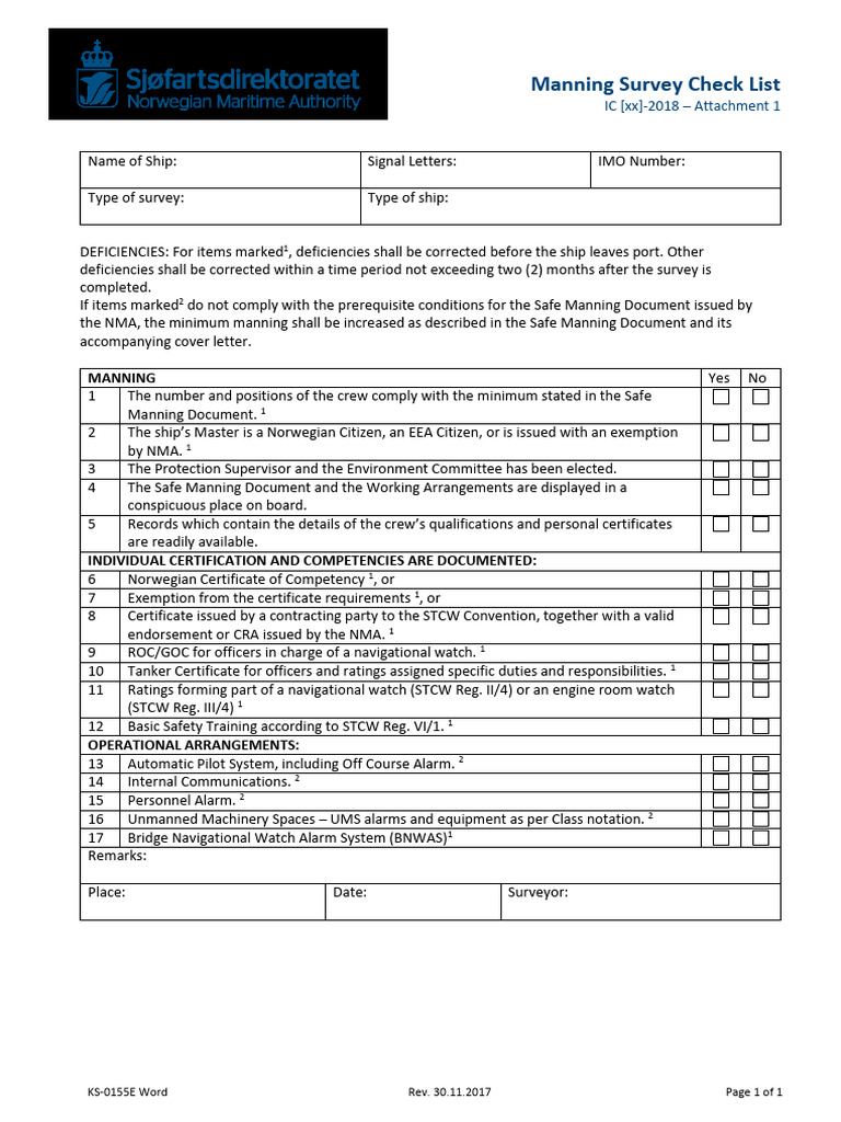 Manning Survey Checklist 2018 | PDF | Shipping