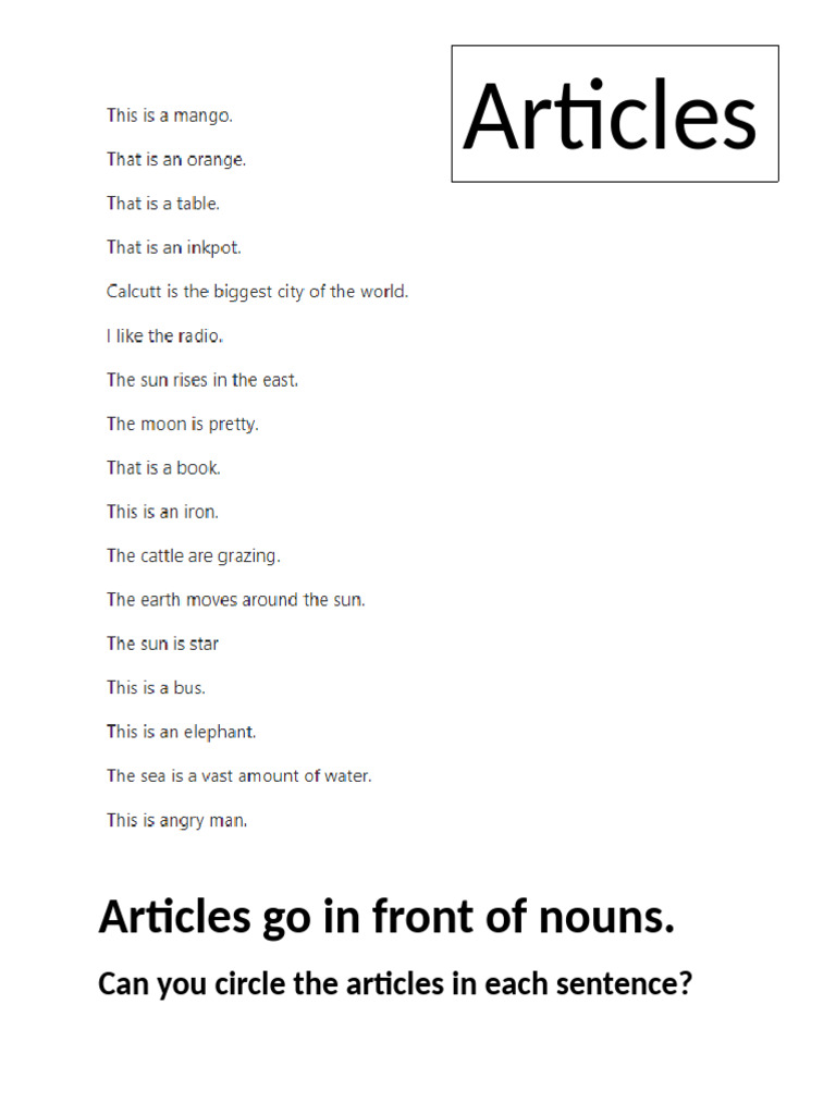 Articles Go in Front of Nouns | PDF