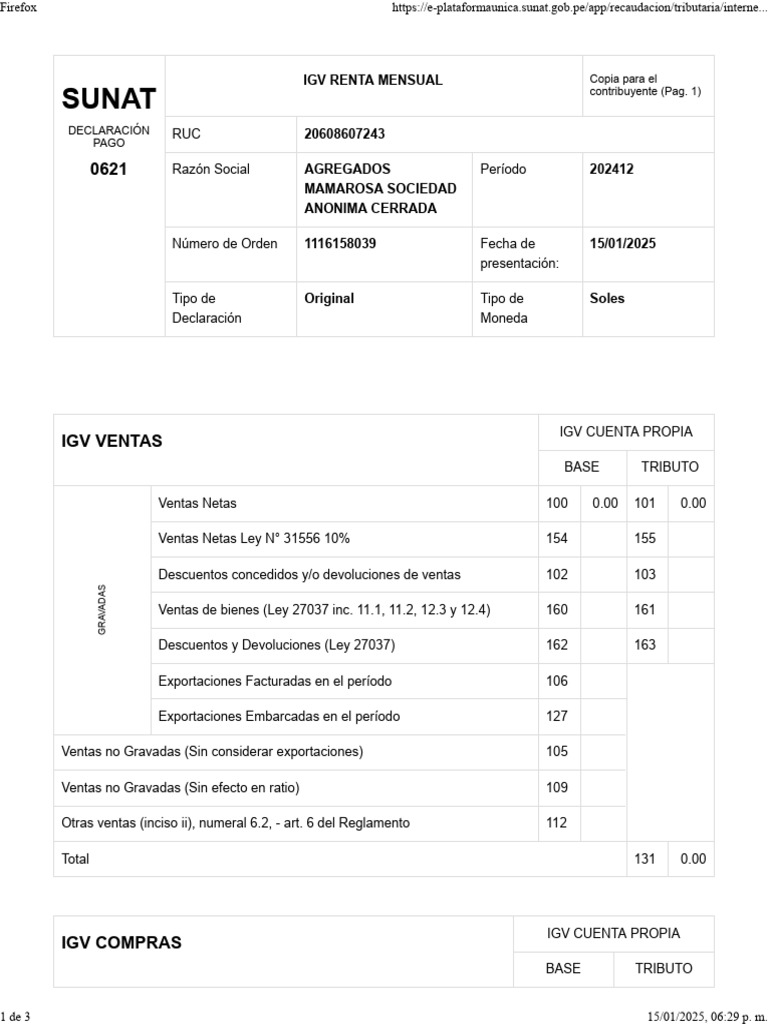 Declaración IGV y Renta Mensual SUNAT | PDF