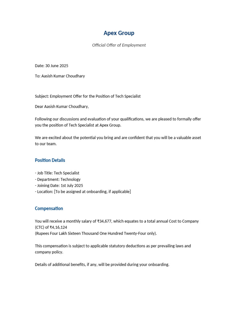 Employment Offer for Tech Specialist | PDF