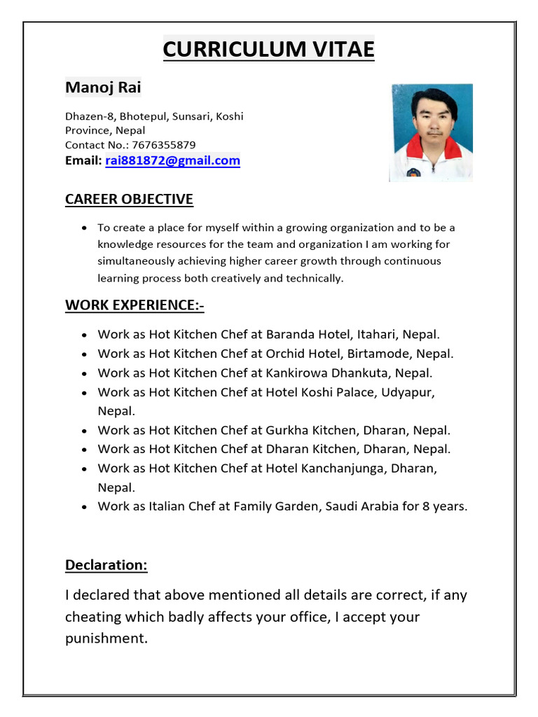 Manoj Rai - Chef CV and Experience | PDF