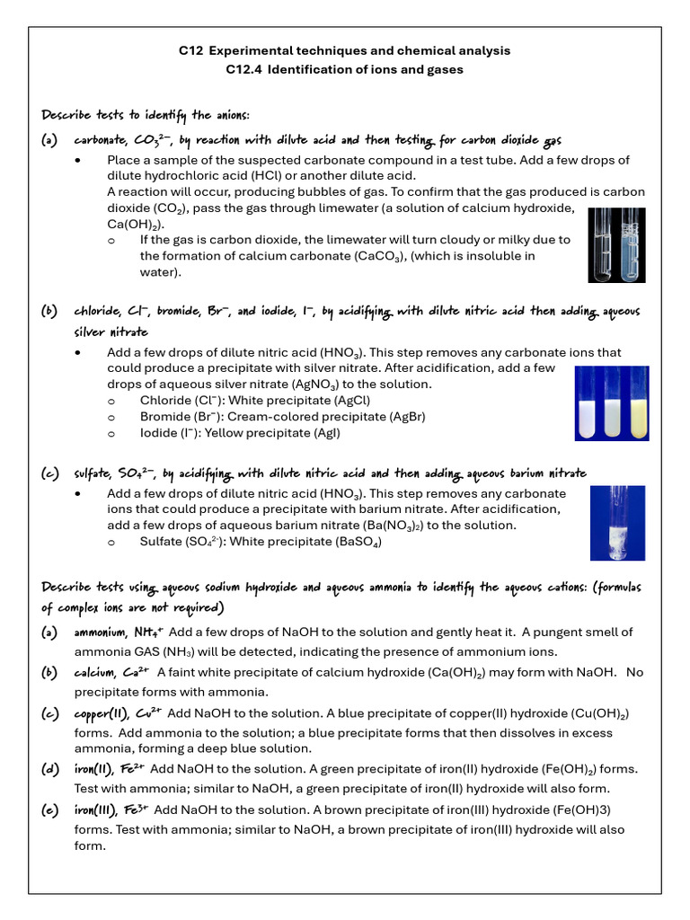 Ion and Gas Identification Tests | PDF | Hydroxide | Ammonia
