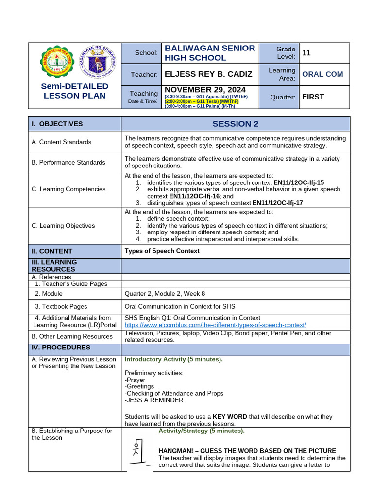 q1 DLP Oral Communication - Types of Speech Context | PDF ...