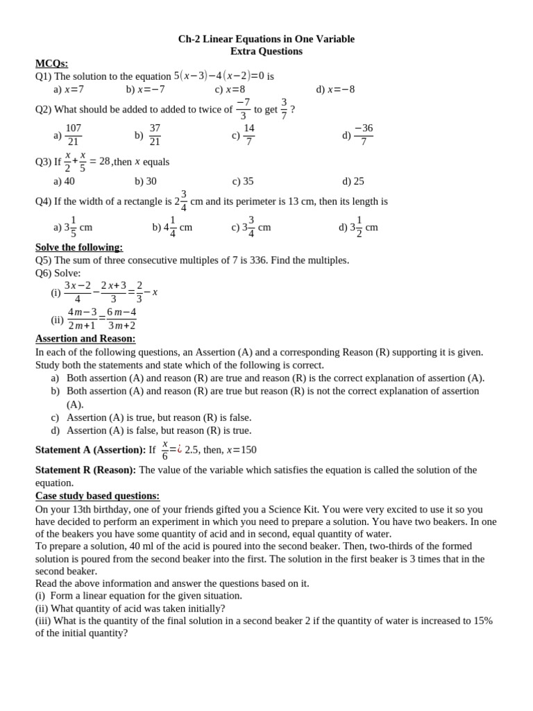 G8 CH 2 Extra Questions | PDF | Equations | Algebra
