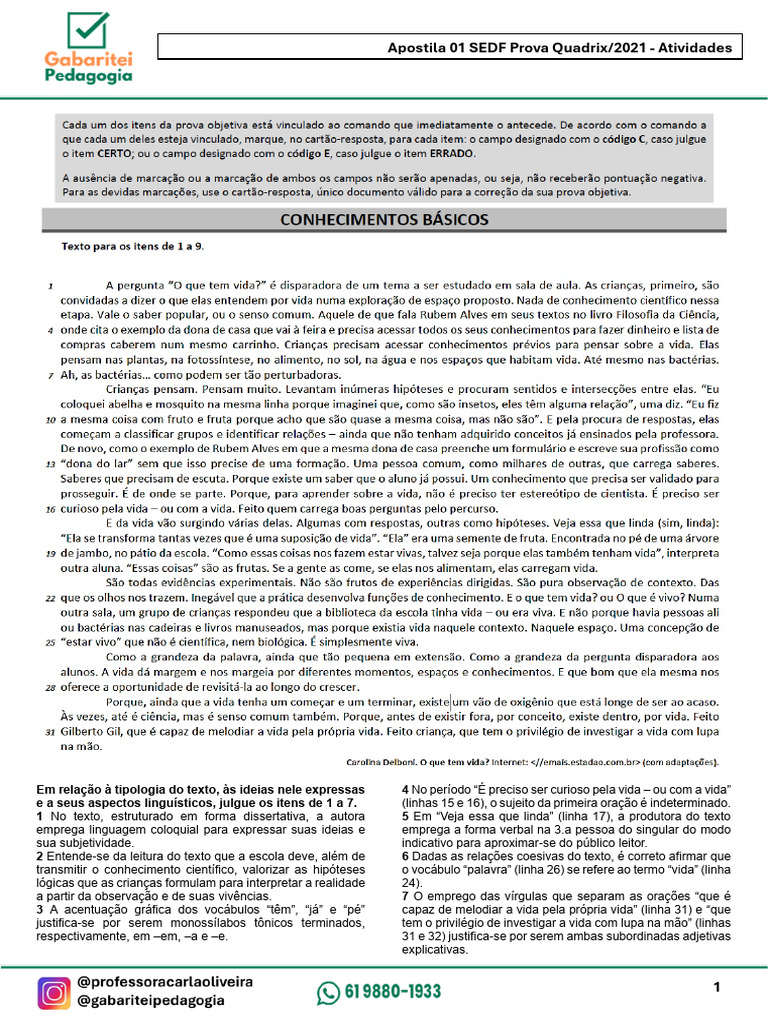 Apostila SEDF Prova Quadrix 2021 | PDF | Pedagogia | Aprendizado