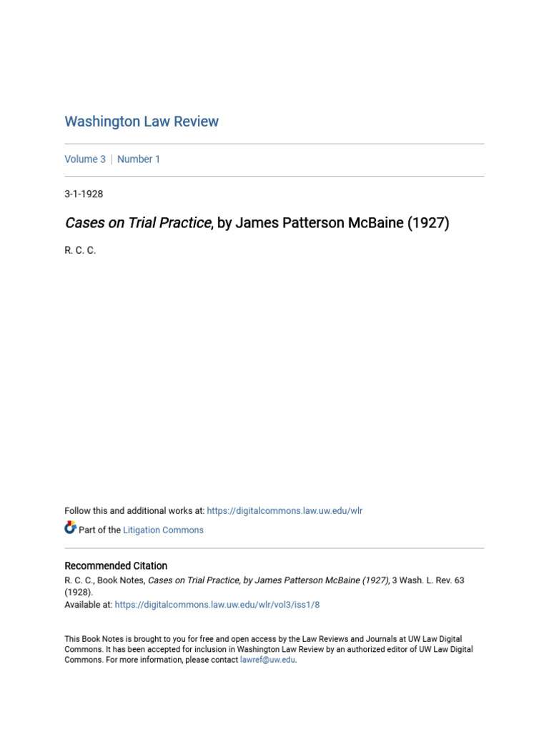 I - Cases On Trial Practice - I - by James Patterson McBaine (1927 ...