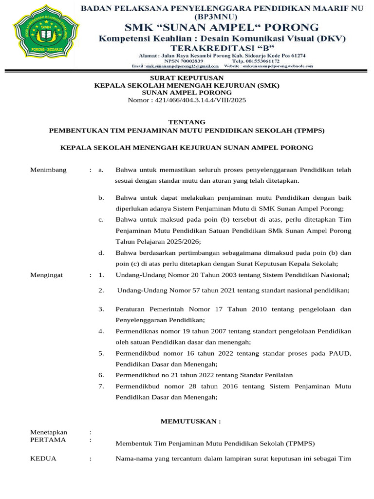 SK Pembentukan Tim Penjaminan Mutu 2025 | PDF