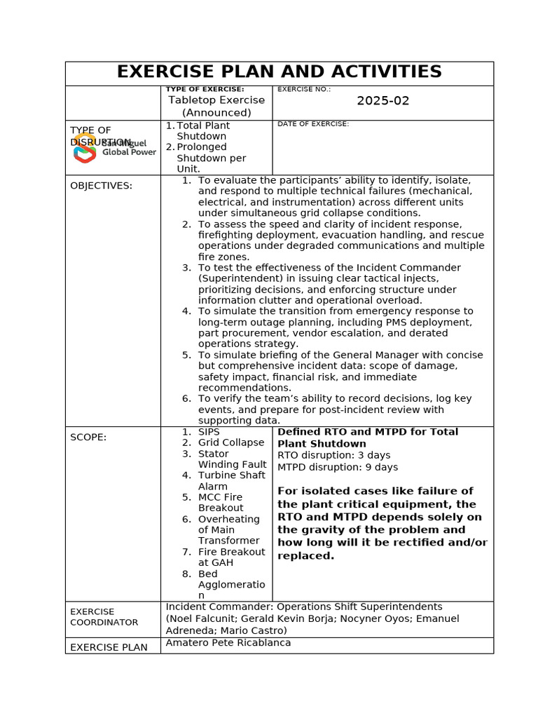 Tabletop Exercise Plan for Plant Shutdown | PDF