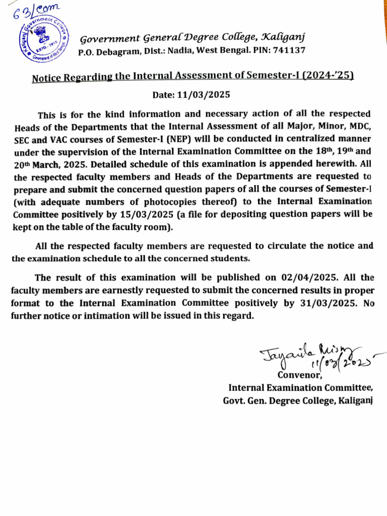 Internal Assessment Notice SemesterI 202425 PDF — free download
