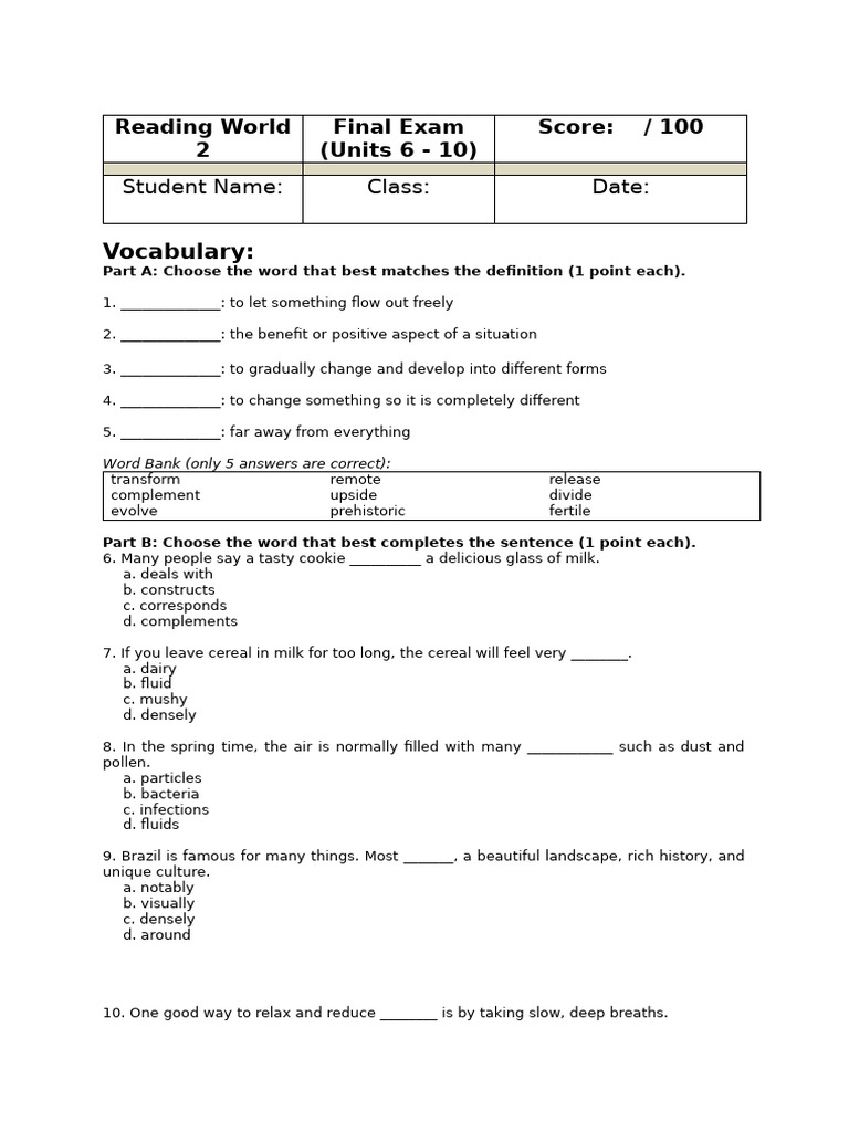Reading World 2-Final Test | PDF | Compost | Stomach