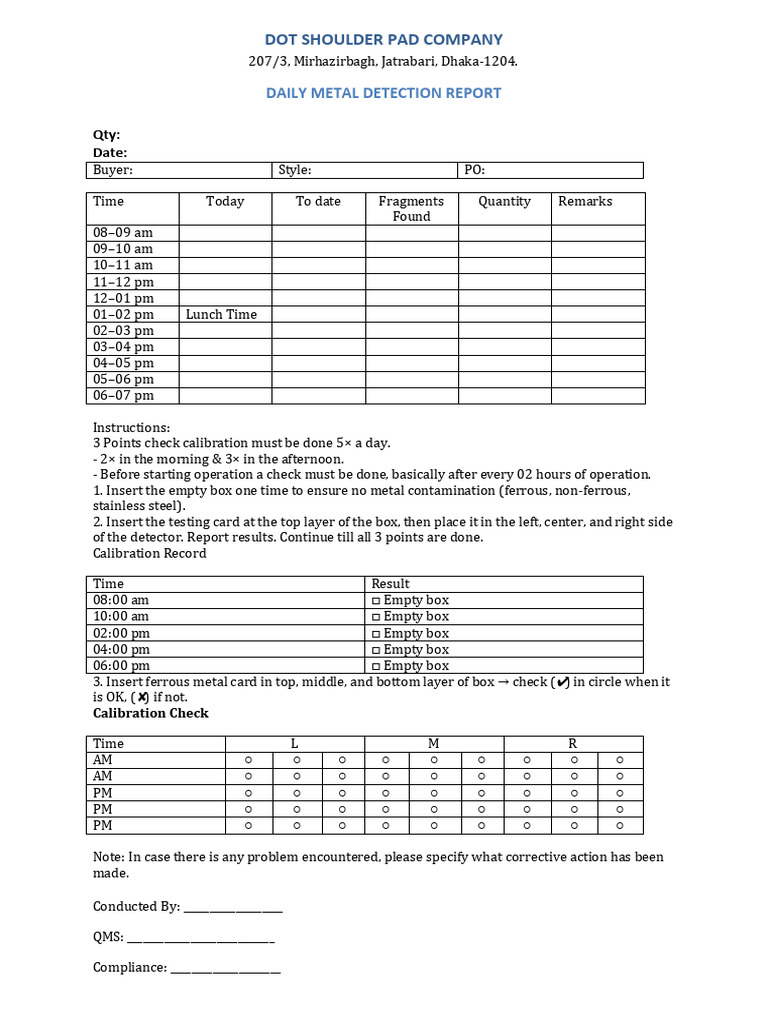 Daily Metal Detector Calibration Report | PDF
