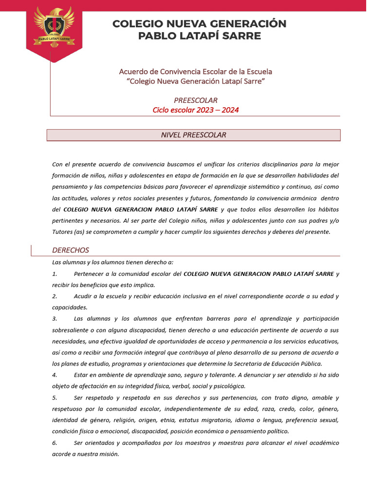 Acuerdo de Convivencia Escolar 2023-2024 | PDF | Educación de la ...