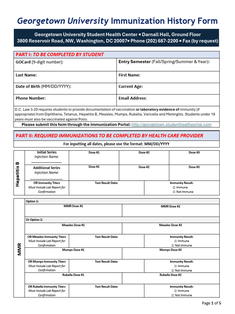 Georgetown Immunization History Form | PDF | Vaccines | Medicine