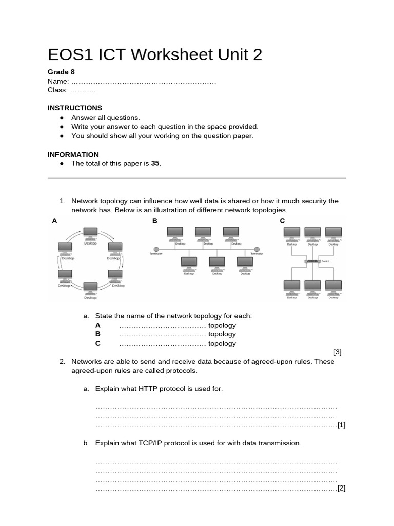 Grade 8 ICT Based On EOS1 Worksheet Unit 2 | PDF | Computer Network ...