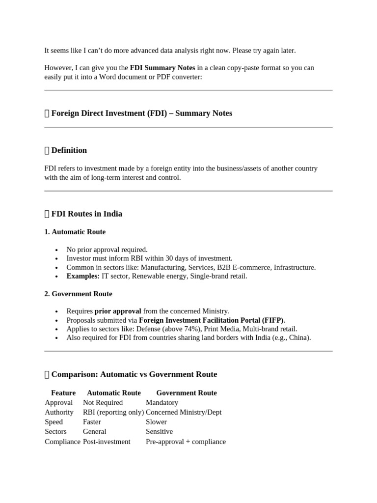 FDI Summary Notes for Investment in India | PDF