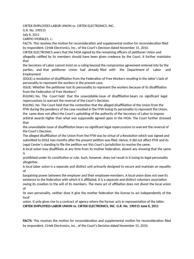 Cirtek Union Disaffiliation Ruling | PDF | Trade Union | Collective ...