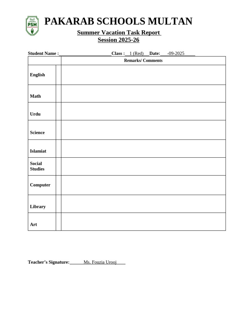 Summer Task Report for Class 1 Red | PDF