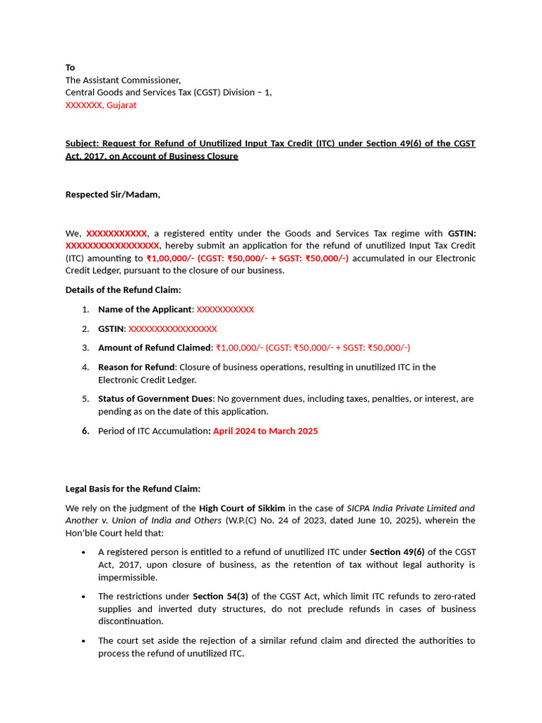 Refund Request for Unutilized ITC | PDF | Government | Justice