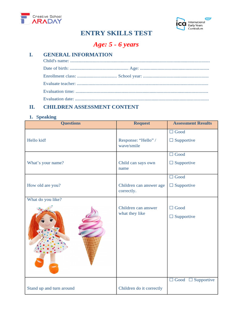Entry Skills Assessment for Ages 5-6 | PDF | Human Communication | Learning