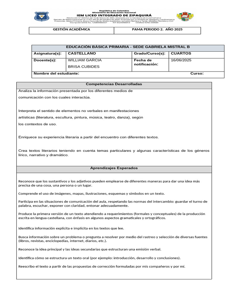 Lengua Castellana. p2. Grado Cuarto. Docentes - Brisa Cubides y William ...