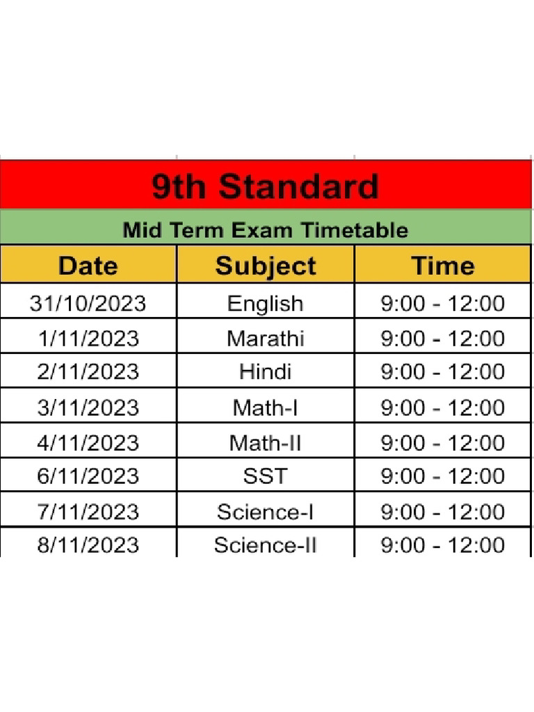 9th STD Mid Term Time Table | PDF