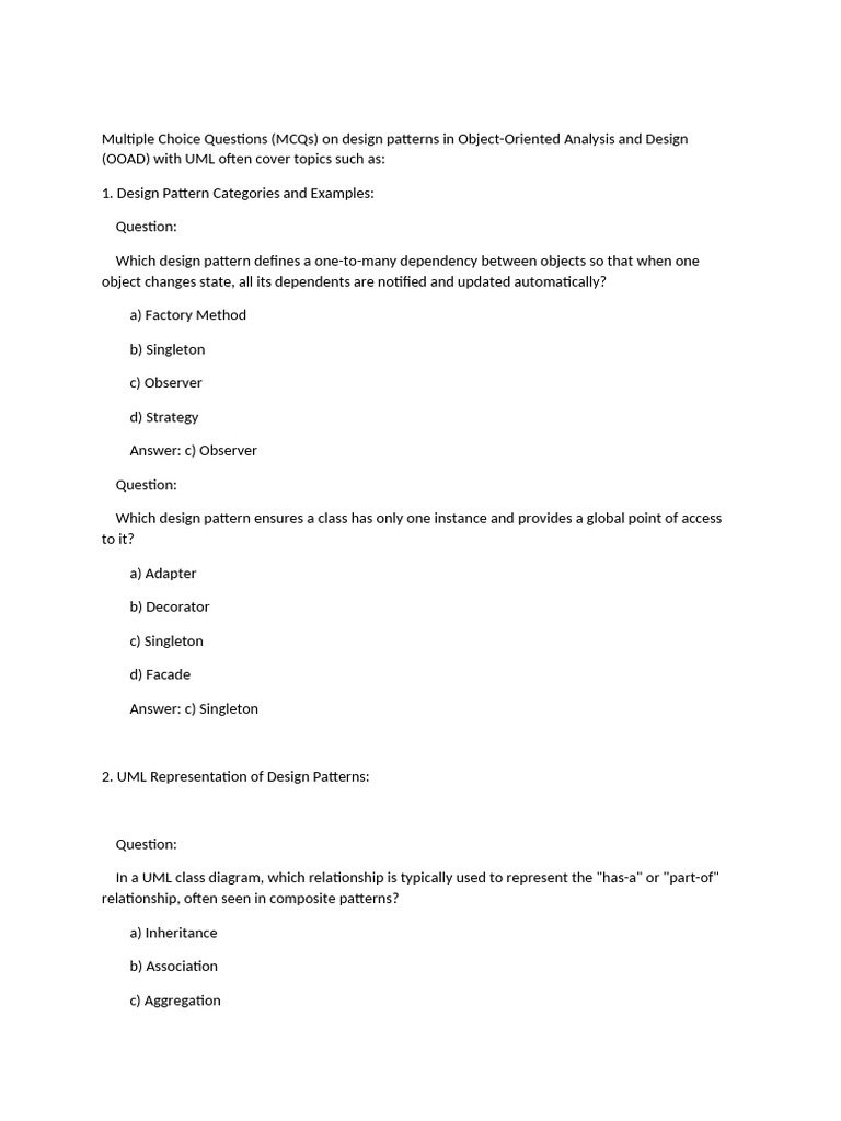 MCQs on OOAD Design Patterns and UML | PDF | Class (Computer ...
