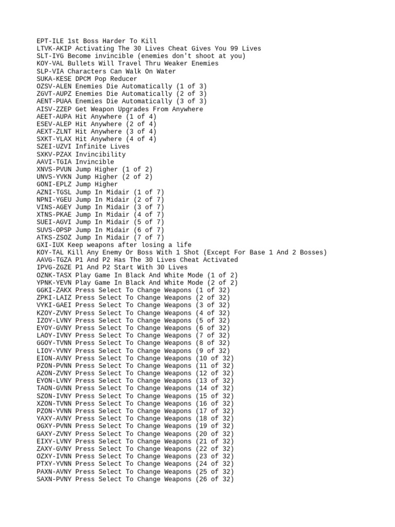 Contra Game Cheat Codes Guide | PDF | Single Player Video Games ...