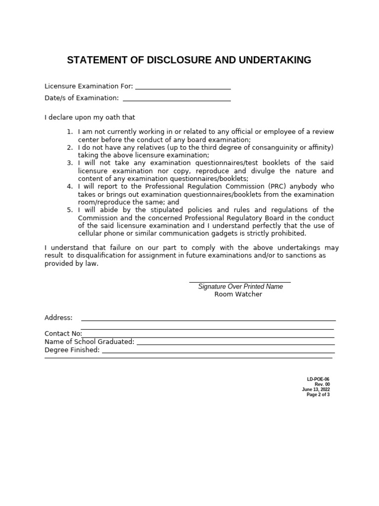 Licensure Exam Disclosure Statement | PDF