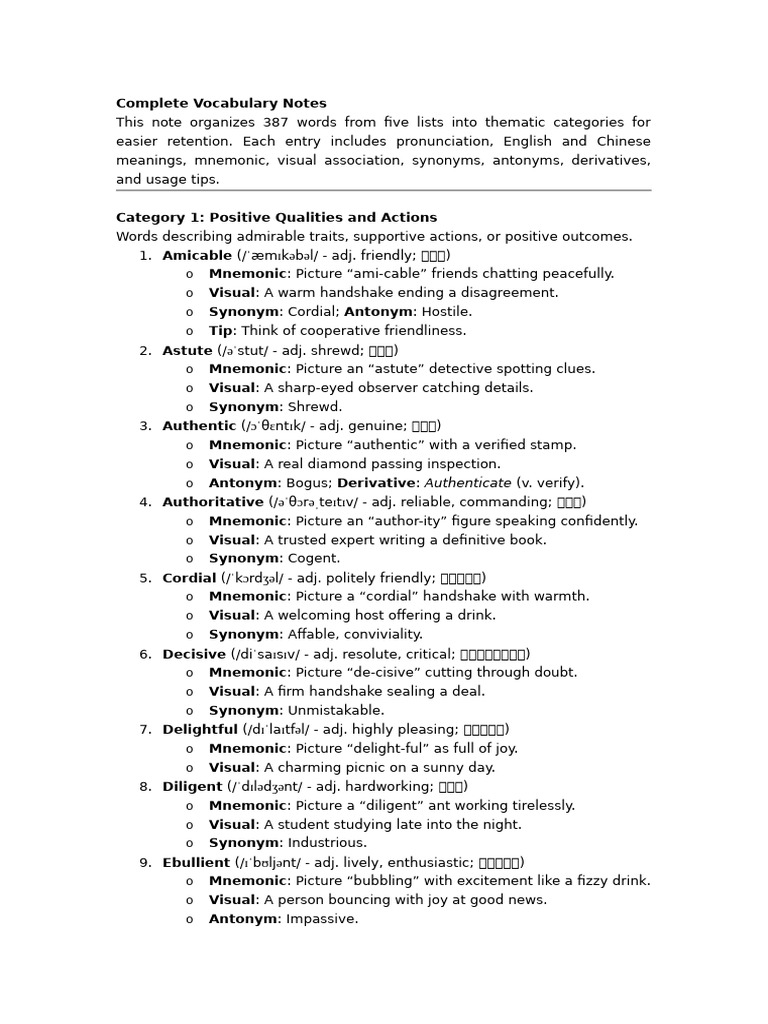 Vocabulary Notes for Word Mastery | PDF | Intuition