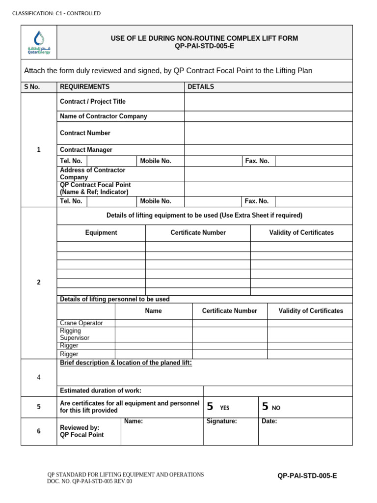 QP Standard for Lifting Operations Form | PDF