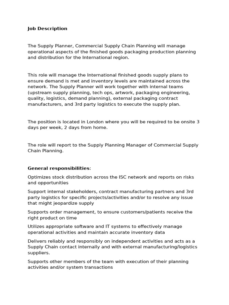 International Supply Planner Job Description | PDF | Supply Chain ...
