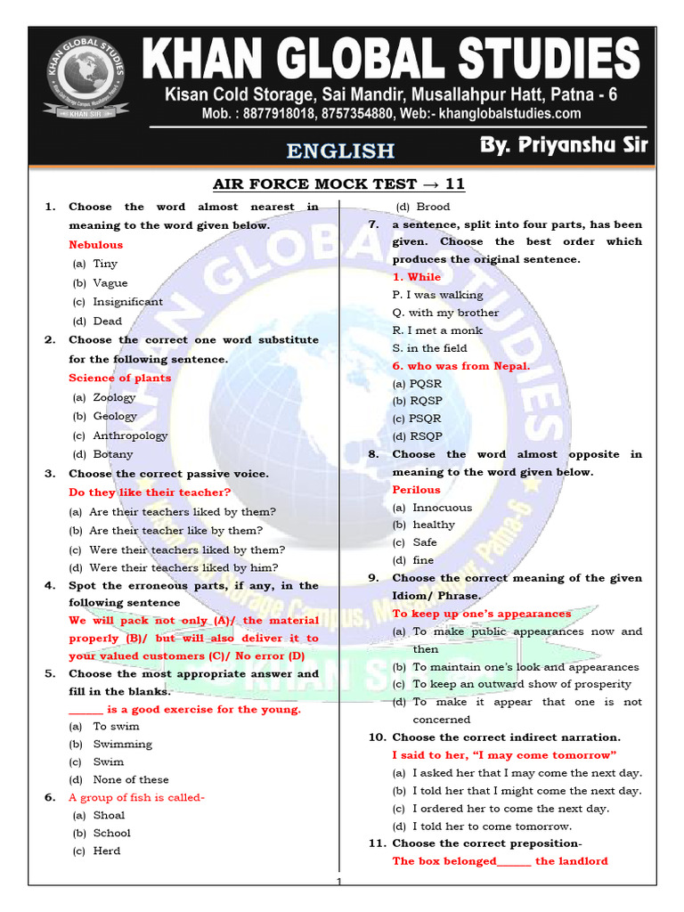 Air Force Mock Test Questions & Answers | PDF | Grammar | Linguistic ...