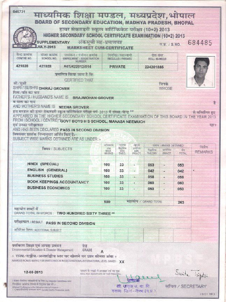 Cbse 10th Marksheet Download | PDF