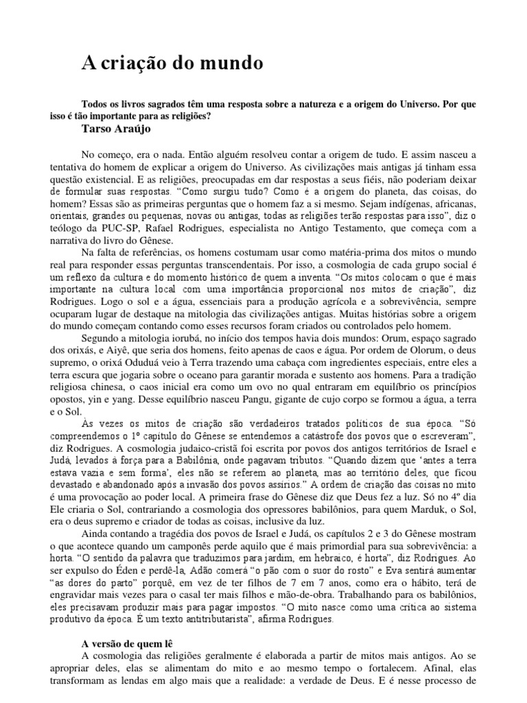 Mitos e Cosmologias da Criação do Mundo | PDF | Mitologia | Gênesis (livro)