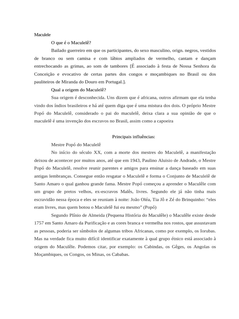 Origem e Lendas do Maculelê | PDF | Luta simulada