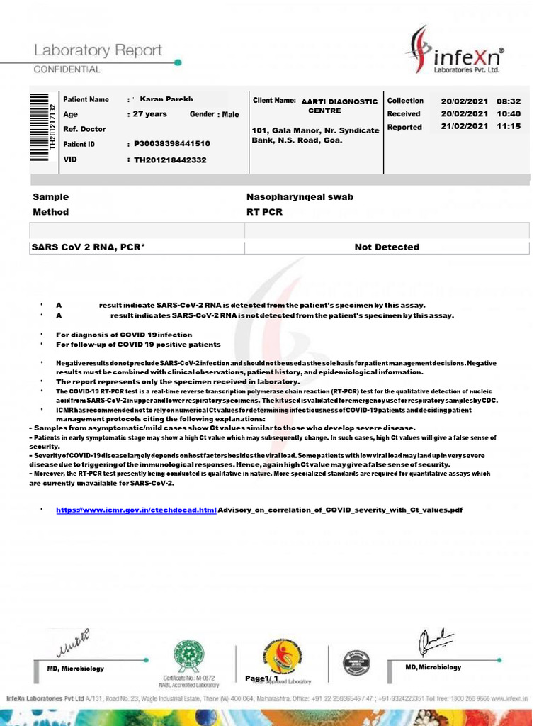 COVID-19 RT-PCR Test Results Report | PDF | Reverse Transcription ...