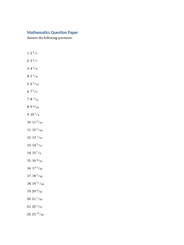 Mixed Fractions Question Paper | PDF