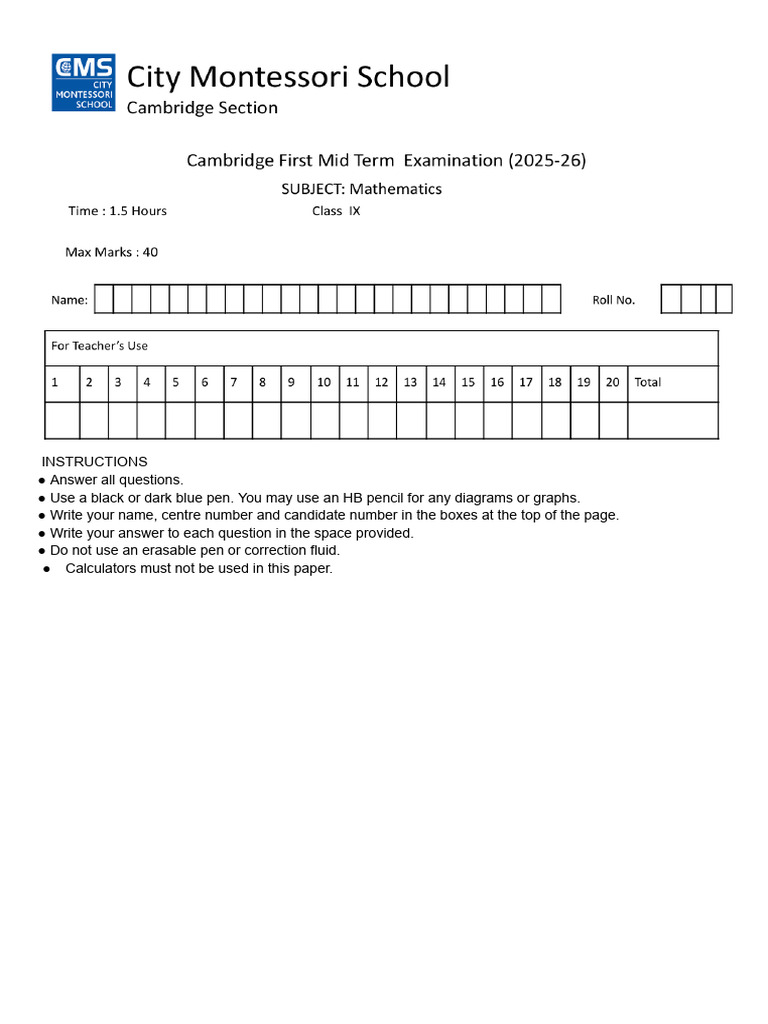 9 Maths 1st Mid Term Paper 2025-26 | PDF
