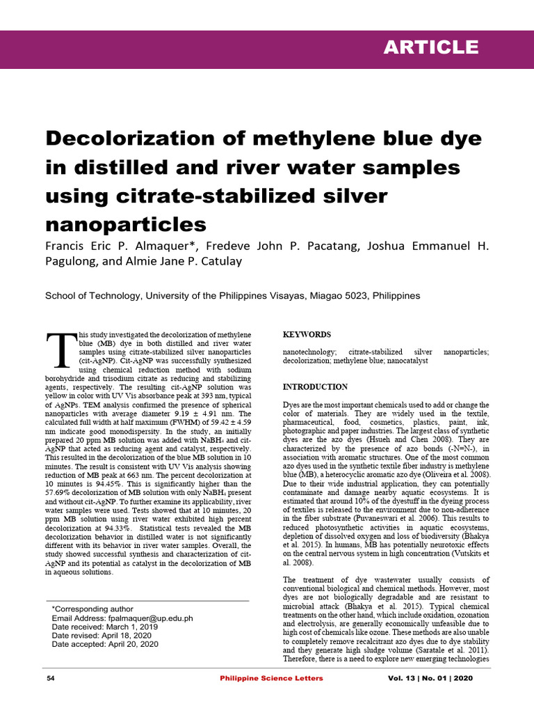Almaquer - Decolorization of Methylene Blue Dye | PDF | Catalysis ...