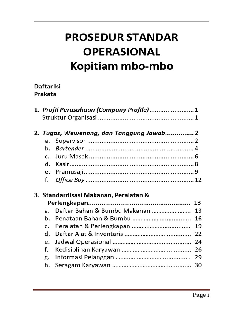 Prosedur Operasional Kopitiam Mbo-Mbo | PDF